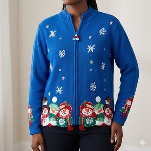 Tiara International Cardigan Sweater Womens Medium Blue Christmas Snowmen Ugly